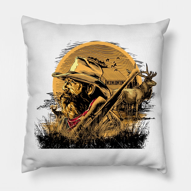 The Hunter: Man, Buck, and Rifle Design Pillow by Jarecrow 