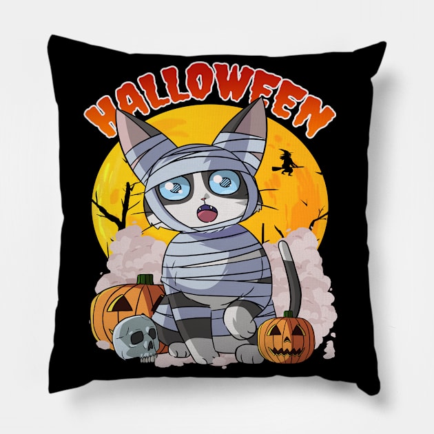 Cat Mummy Happy Halloween Witch Pillow by Noseking