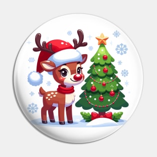 "Jolly Reindeer & Christmas Tree" - Whimsical Holiday Illustration Pin