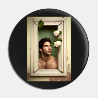 Solitude and Melancholy: Portrait of an Enigmatic Man Framed by White Roses Pin