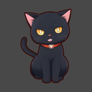 Black Cat with Red Heart Collar T-Shirt