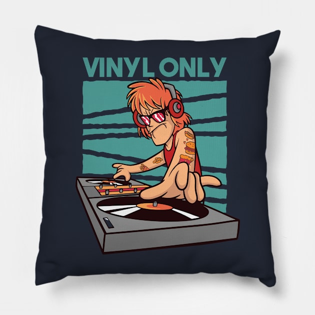 Vinyl Only // Old School DJ // Funny DJ Cartoon Pillow by SLAG_Creative