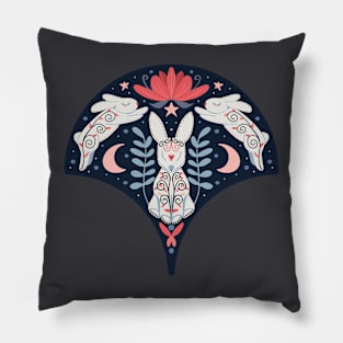 Mystical Folk Art Rabbits Pillow