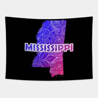 Colorful mandala art map of Mississippi with text in blue and violet Tapestry