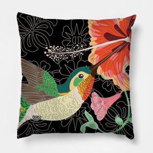 Hummingbird Collecting Juice from Hibiscus Trumpet Blossoms Pillow