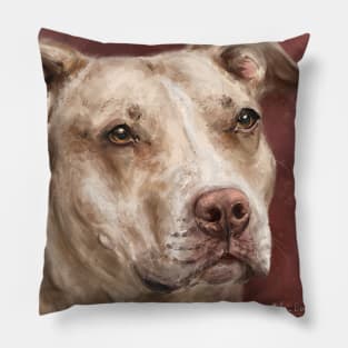 Painting of a Beautiful Red Nose Pit Bull With Soulful Eyes, Dark Red Background Pillow