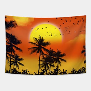 Orange Sunset with Palm Trees Tapestry