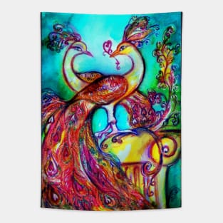 PEACOCKS IN LOVE Red Aqua Blue Turquoise Hues Tapestry