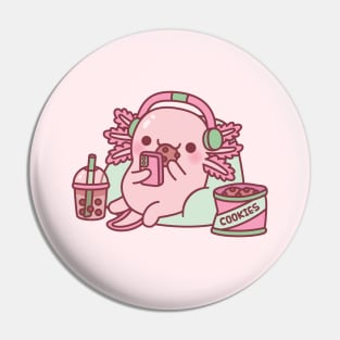 Cute Axolotl Chilling With Cookies And Bubble Tea Pin