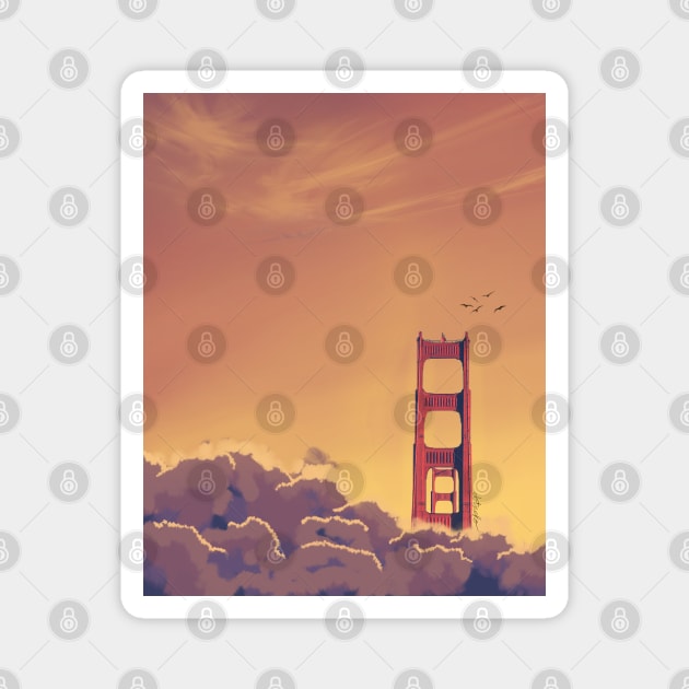 San Francisco Golden Gate Bridge Sunset Anime Scenery Magnet by DotNeko