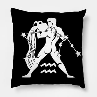 Aquarius - Zodiac Astrology Symbol with Constellation and Water Bearer Design (White on Black, Symbol Only Variant) Pillow