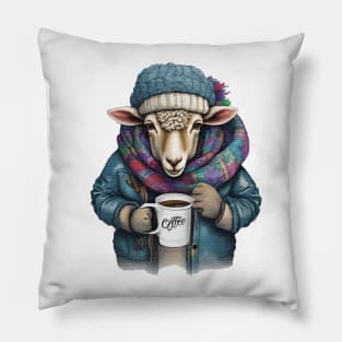 Sheep wearing a jacket holding a cup coffee Pillow