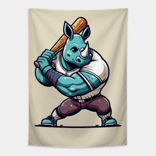 Vintage rhino batter - Retro 1990s Cartoon Style Baseball Art Tapestry