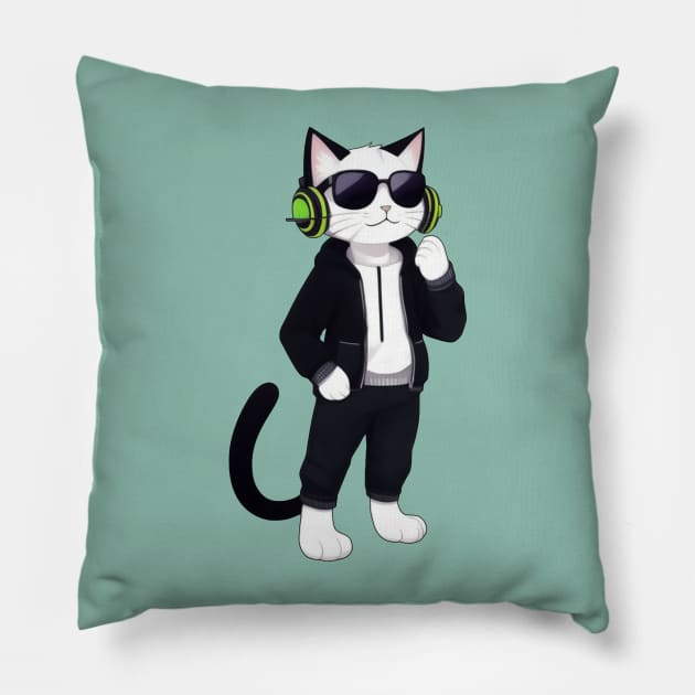 Cool Cat with Headphones and Sunglasses - Funny Feline Vibes Pillow by Rishirt