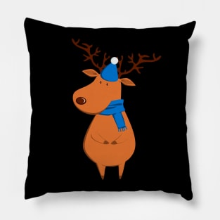 Funny Christmas Reindeer in Blue Hat & Scarf Pillow