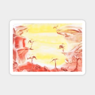 Landscape with rocks. Encaustic, art decoration, sketch. Magnet