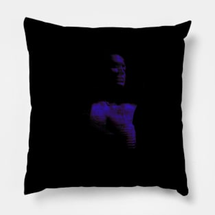 Portrait, digital collage, special processing. Beautiful girl in dark place. Breasts in bra. Violet and blue. Pillow