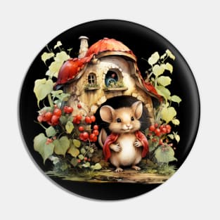 Mouse wearing red shawl  Mushroom House Pin