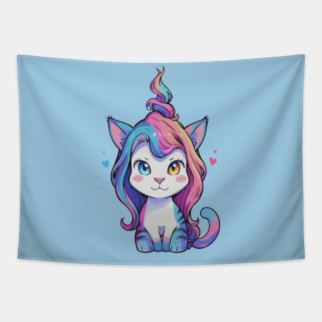 Whimsical Cat and Colorful Unicorn Tapestry by Rishirt