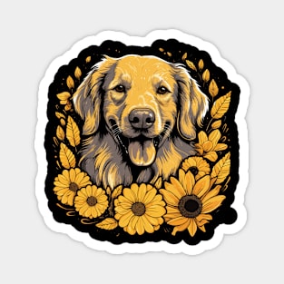 A Golden Retriever surrounded with Sunflowers, illustration Magnet