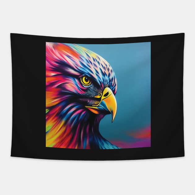 Hawk in Rainbow Colours | Majestic Bird of Prey Tapestry by Geminiartstudio