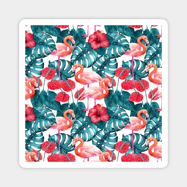 Flamingo birds and tropical garden watercolor Magnet by katerinamk