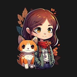 Cat & Girl Kawaii Anime Retro Fall Cat Lover T-Shirt