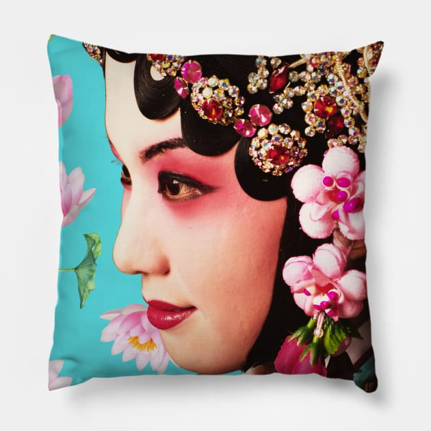 Chinese Opera Star with Lotus Flowers Turquoise - Hong Kong Retro Pillow by CRAFTY BITCH