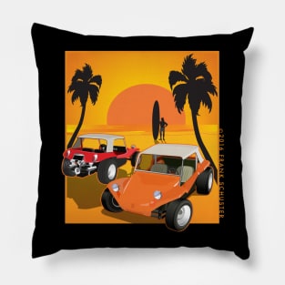 Red and Orange Dune Buggies on Beach w Sunset Pillow