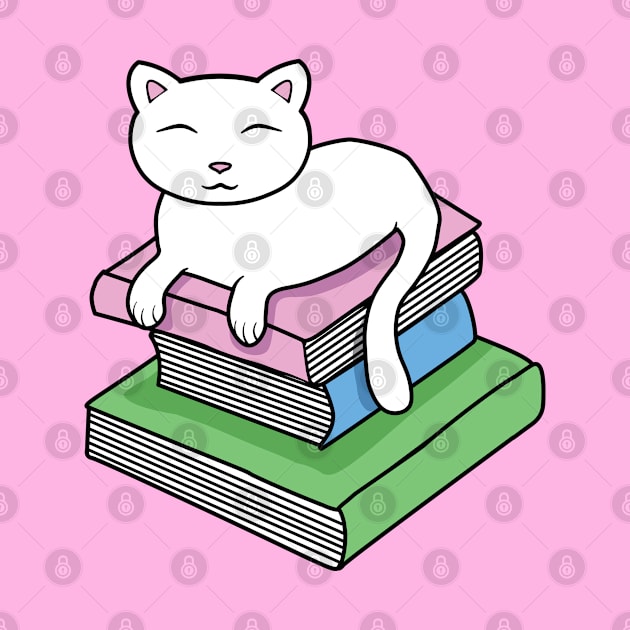 Cat resting on a pile of books by Purrfect