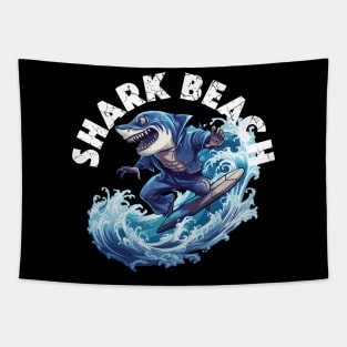 Shark Surfing - Shark Beach (White Lettering) Tapestry