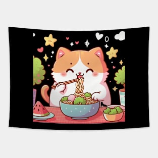 Cute Kawaii Cat Eating Noodles Tapestry