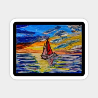 landscape painting of a boat out sailing at sunset Magnet