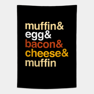 Deconstructed breakfast sandwich: muffin & egg & bacon & cheese (list of ingredients in true-to-life colors) Tapestry