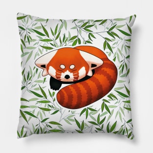 Drawing of cute sleeping Red Panda with bamboo leaves background Pillow