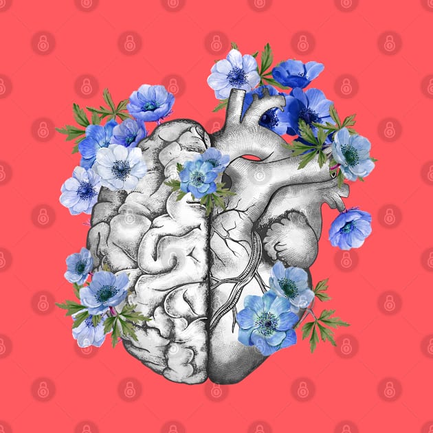 Right balance between head or brain and heart, Half heart and brain, blue anemones flowers anemoneus by Collagedream