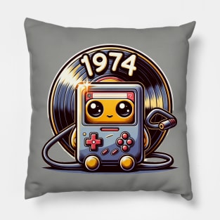 vintage 1974 Birthday, cute retro vinyl record and cassette tape, born in '74, 70s era Pillow