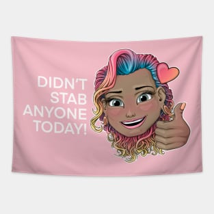 Didn't stab anyone today! Reva Prisma thump up emoji (white text) Tapestry