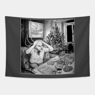 black and white cyborg man shocked by the festive table, he loves to eat Tapestry