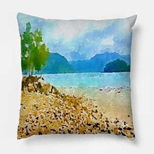 Watercolor landscape with stones at sea shore Pillow