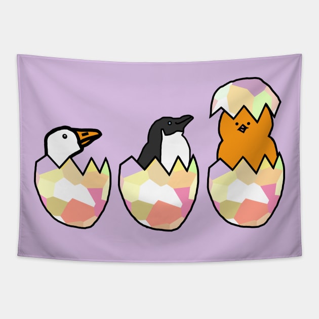 Three Funny Easter Eggs Hatching Tapestry by ellenhenryart