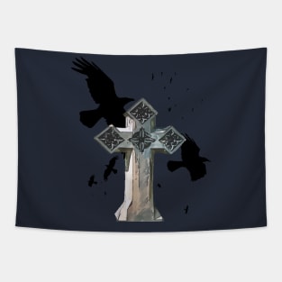 Gothic Cross Headstone With Crows and Ravens Tapestry