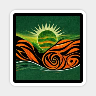 Bold, dramatic image of a green sun rising up from between orange and black mountains. Magnet