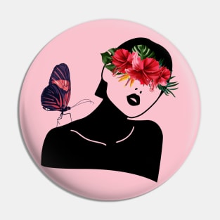 Abstract Woman with Hibiscus and Butterfly Pin