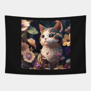 Cute Brown Kitten Flower Background | White, brown and red cat with blue eyes | Digital art Sticker Tapestry