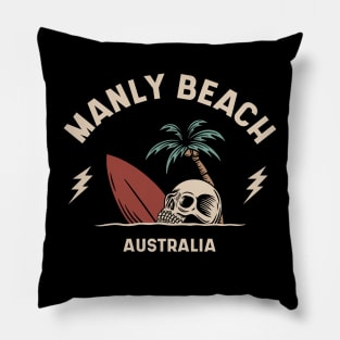 Vintage Surfing Manly Beach Australia // Retro Surf Skull Pillow