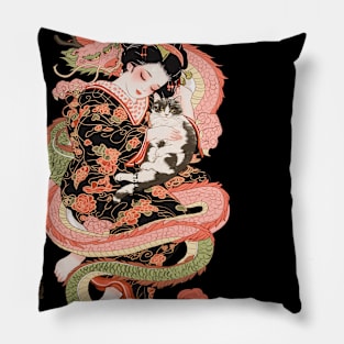 Japanese Girl With Dragon and Cats 2 T-Shirt 02 Pillow