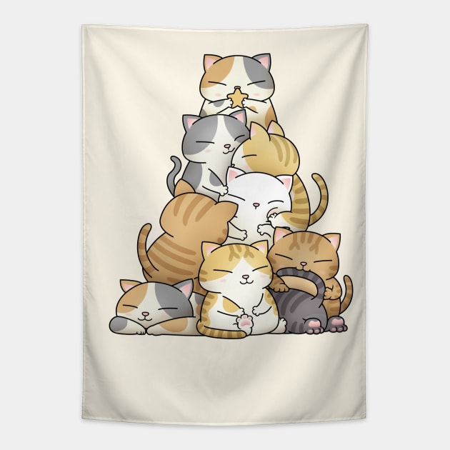 Chubby Cat Christmas Tree (White) Tapestry by Takeda_Art