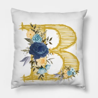 Monogram Letter B In Metallic Gold With Aesthetic Blue Flowers Botany Pillow