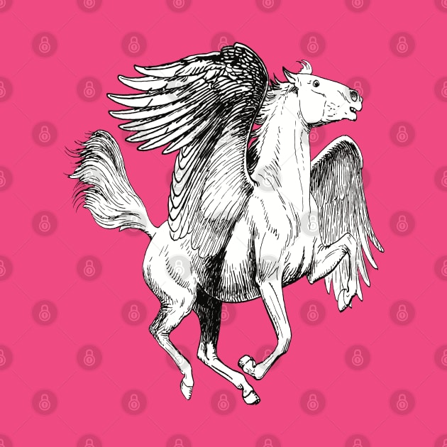 Pegasus Winged White Horse Line Drawing Vintage Style by taiche